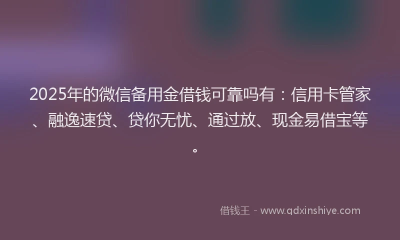 2025年的微信备用金借钱可靠吗有：信用卡管家、融逸速贷、贷你无忧、通过放、现金易借宝等。
