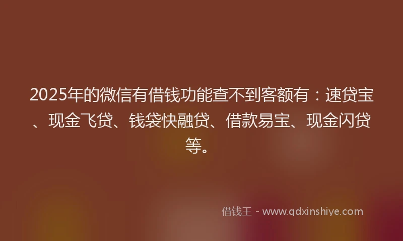 2025年的微信有借钱功能查不到客额有：速贷宝、现金飞贷、钱袋快融贷、借款易宝、现金闪贷等。