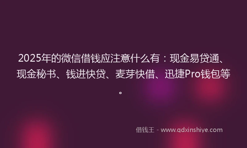 2025年的微信借钱应注意什么有：现金易贷通、现金秘书、钱进快贷、麦芽快借、迅捷Pro钱包等。