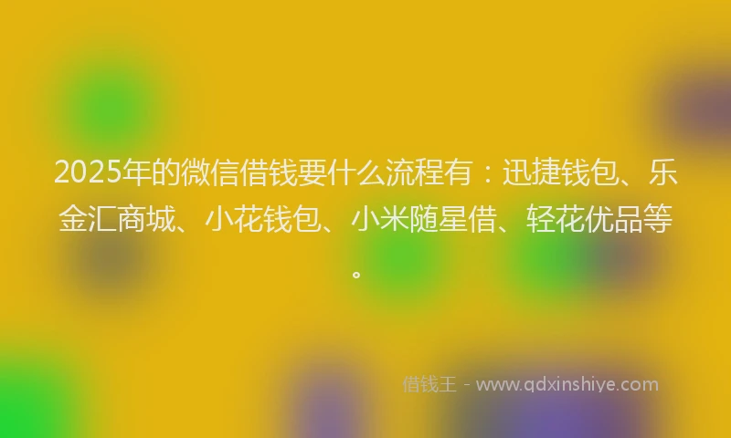 2025年的微信借钱要什么流程有：迅捷钱包、乐金汇商城、小花钱包、小米随星借、轻花优品等。
