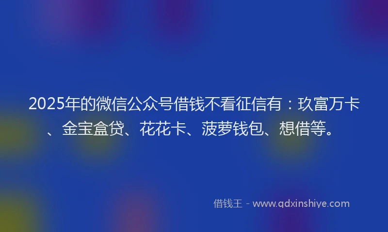 2025年的微信公众号借钱不看征信有：玖富万卡、金宝盒贷、花花卡、菠萝钱包、想借等。