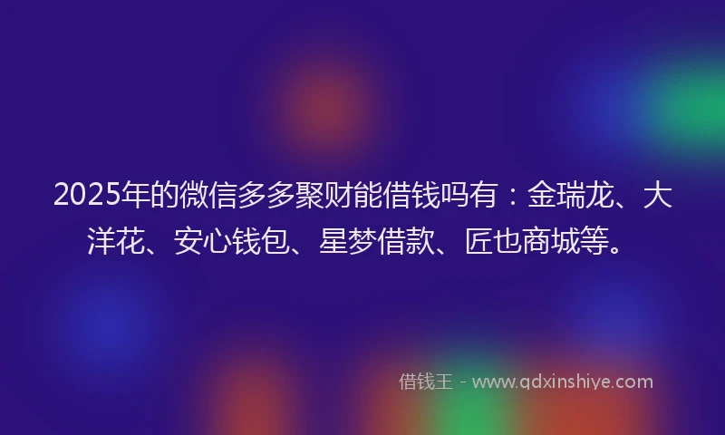 2025年的微信多多聚财能借钱吗有：金瑞龙、大洋花、安心钱包、星梦借款、匠也商城等。