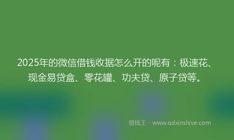 2025年的微信借钱收据怎么开的呢有：极速花、现金易贷盒、零花罐、功夫贷、原子贷等。