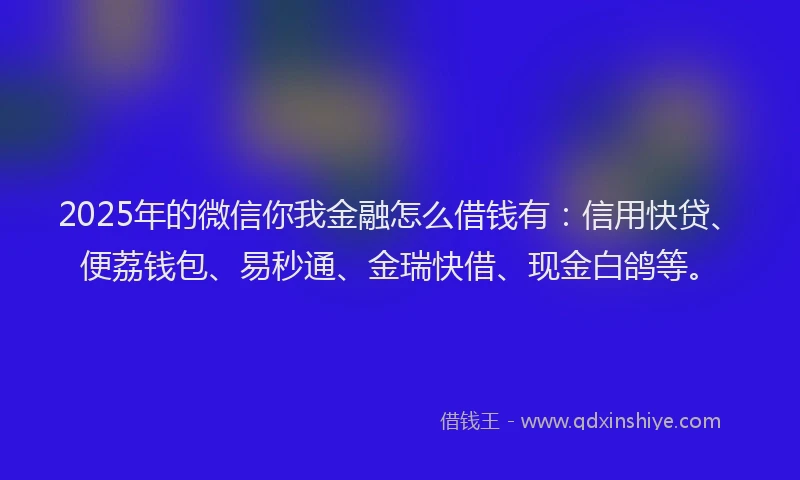 2025年的微信你我金融怎么借钱有：信用快贷、便荔钱包、易秒通、金瑞快借、现金白鸽等。