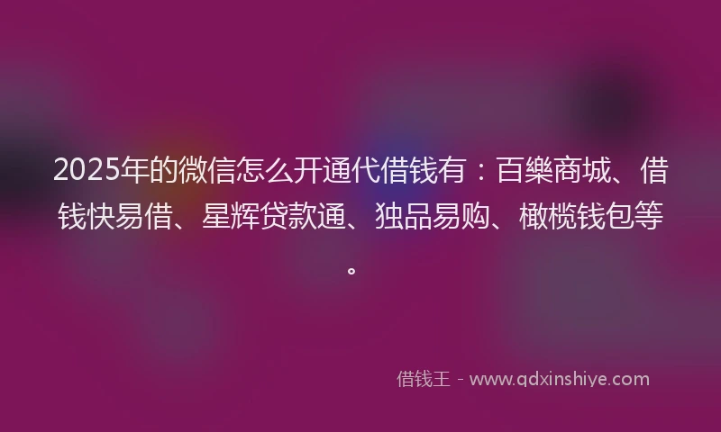 2025年的微信怎么开通代借钱有：百樂商城、借钱快易借、星辉贷款通、独品易购、橄榄钱包等。