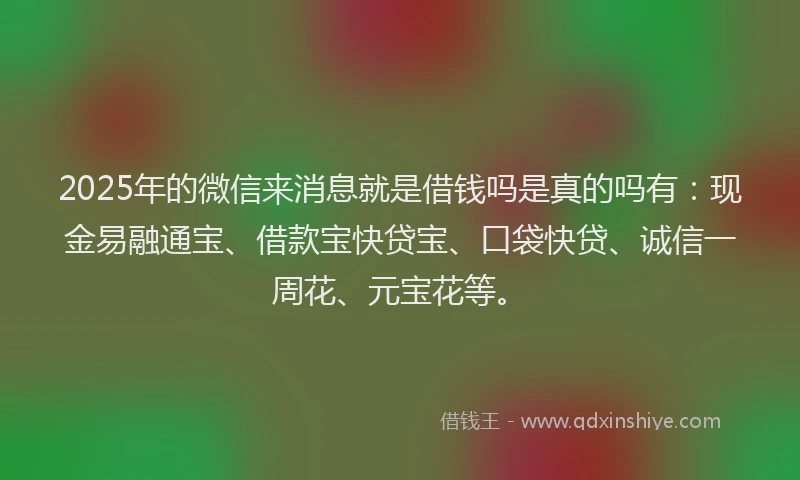 2025年的微信来消息就是借钱吗是真的吗有：现金易融通宝、借款宝快贷宝、口袋快贷、诚信一周花、元宝花等。
