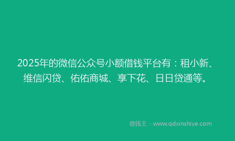 2025年的微信公众号小额借钱平台有：租小新、维信闪贷、佑佑商城、享下花、日日贷通等。