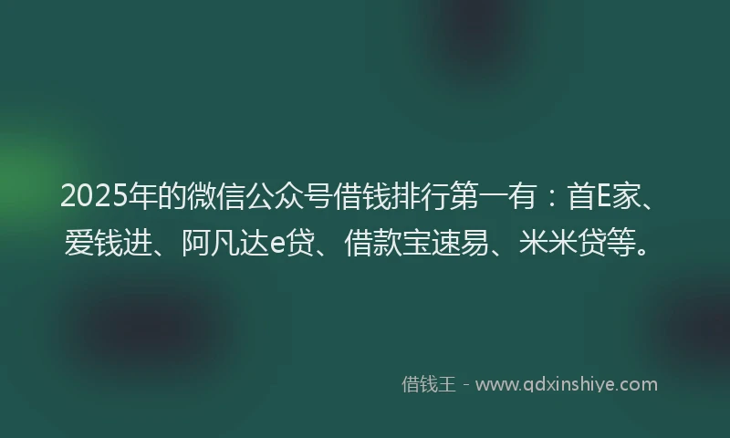 2025年的微信公众号借钱排行第一有：首E家、爱钱进、阿凡达e贷、借款宝速易、米米贷等。