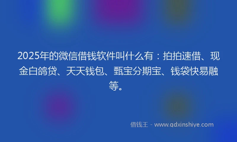 2025年的微信借钱软件叫什么有：拍拍速借、现金白鸽贷、天天钱包、甄宝分期宝、钱袋快易融等。