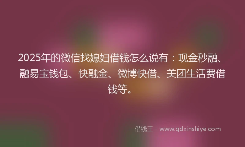 2025年的微信找媳妇借钱怎么说有：现金秒融、融易宝钱包、快融金、微博快借、美团生活费借钱等。