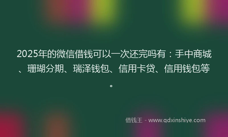 2025年的微信借钱可以一次还完吗有：手中商城、珊瑚分期、瑞泽钱包、信用卡贷、信用钱包等。