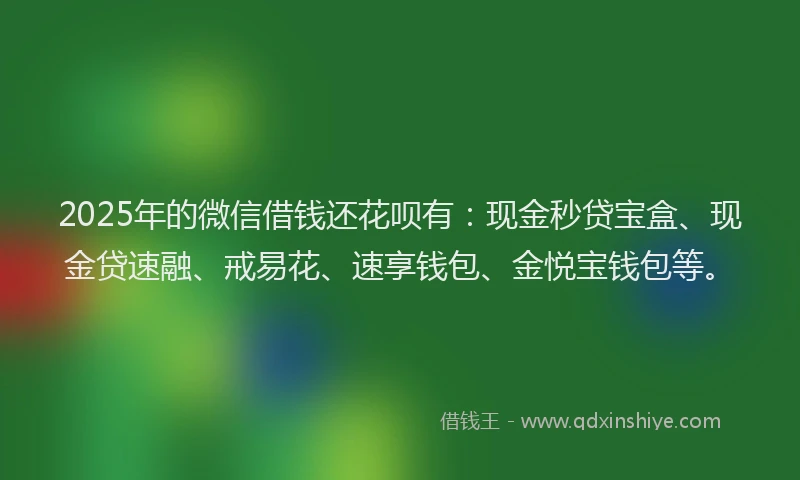 2025年的微信借钱还花呗有：现金秒贷宝盒、现金贷速融、戒易花、速享钱包、金悦宝钱包等。