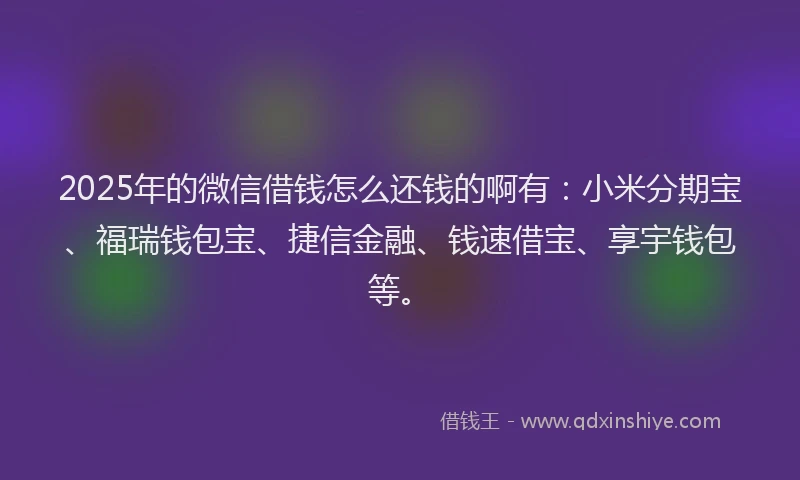 2025年的微信借钱怎么还钱的啊有：小米分期宝、福瑞钱包宝、捷信金融、钱速借宝、享宇钱包等。