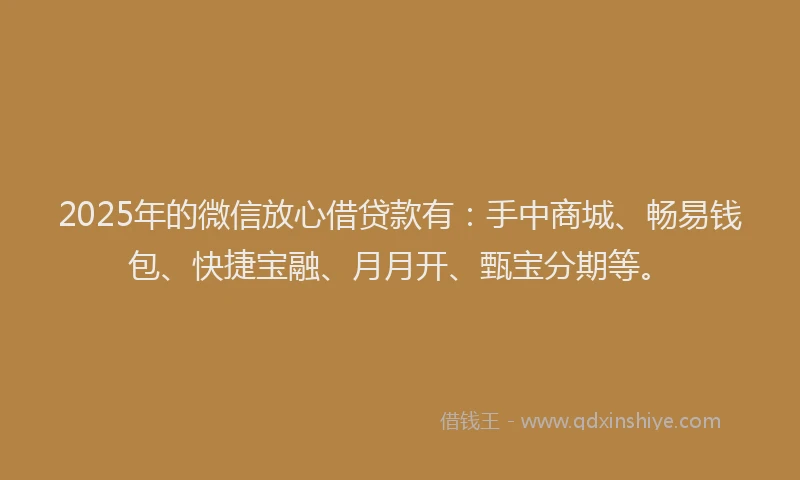 2025年的微信放心借贷款有：手中商城、畅易钱包、快捷宝融、月月开、甄宝分期等。