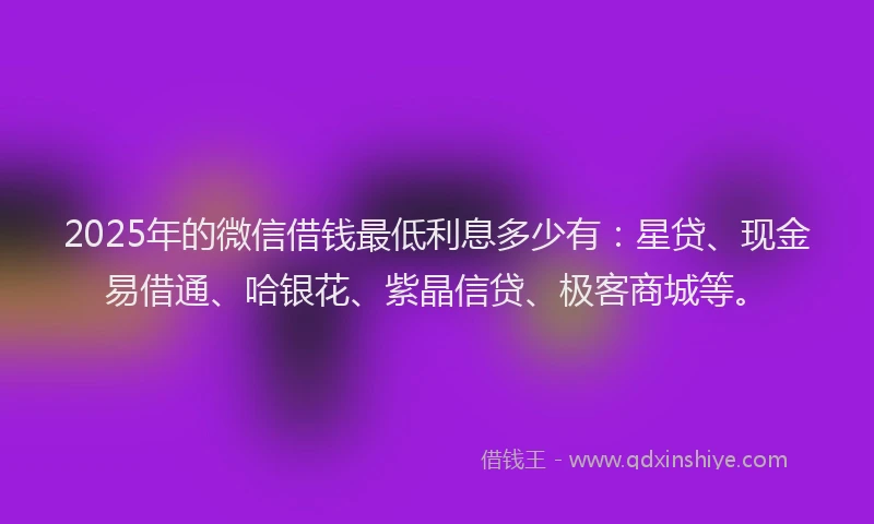 2025年的微信借钱最低利息多少有：星贷、现金易借通、哈银花、紫晶信贷、极客商城等。