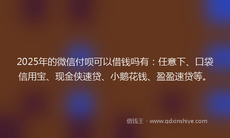 2025年的微信付呗可以借钱吗有：任意下、口袋信用宝、现金侠速贷、小鹅花钱、盈盈速贷等。