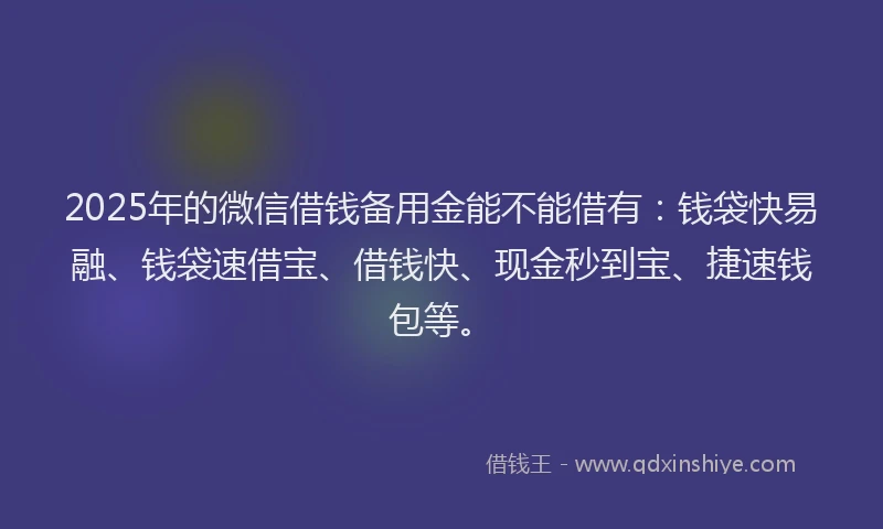 2025年的微信借钱备用金能不能借有：钱袋快易融、钱袋速借宝、借钱快、现金秒到宝、捷速钱包等。