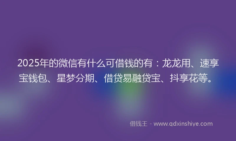 2025年的微信有什么可借钱的有：龙龙用、速享宝钱包、星梦分期、借贷易融贷宝、抖享花等。