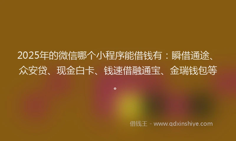 2025年的微信哪个小程序能借钱有：瞬借通途、众安贷、现金白卡、钱速借融通宝、金瑞钱包等。