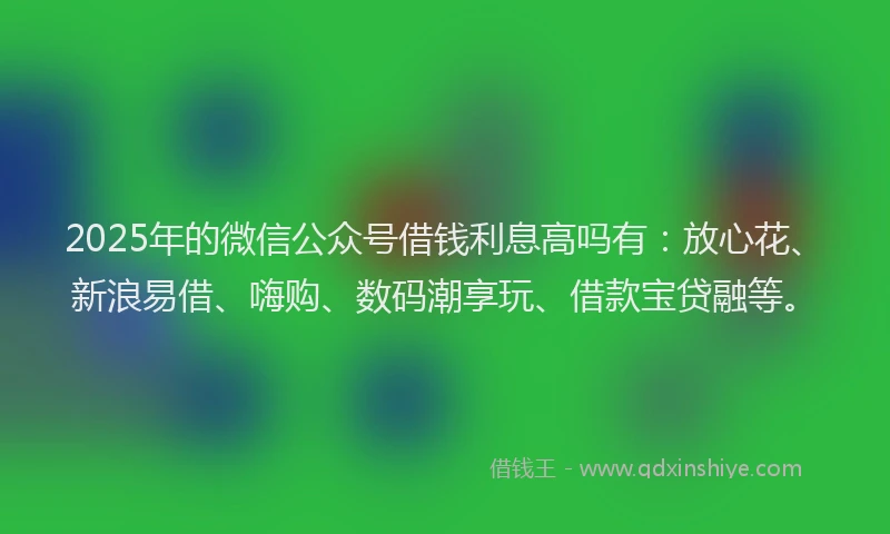2025年的微信公众号借钱利息高吗有：放心花、新浪易借、嗨购、数码潮享玩、借款宝贷融等。