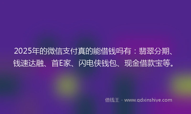 2025年的微信支付真的能借钱吗有：翡翠分期、钱速达融、首E家、闪电侠钱包、现金借款宝等。