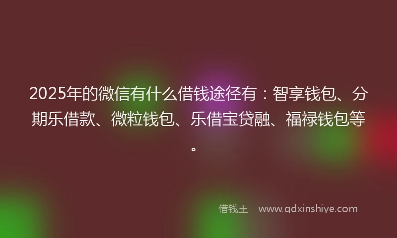 2025年的微信有什么借钱途径有：智享钱包、分期乐借款、微粒钱包、乐借宝贷融、福禄钱包等。