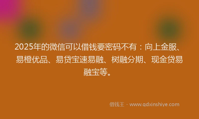 2025年的微信可以借钱要密码不有：向上金服、易橙优品、易贷宝速易融、树融分期、现金贷易融宝等。