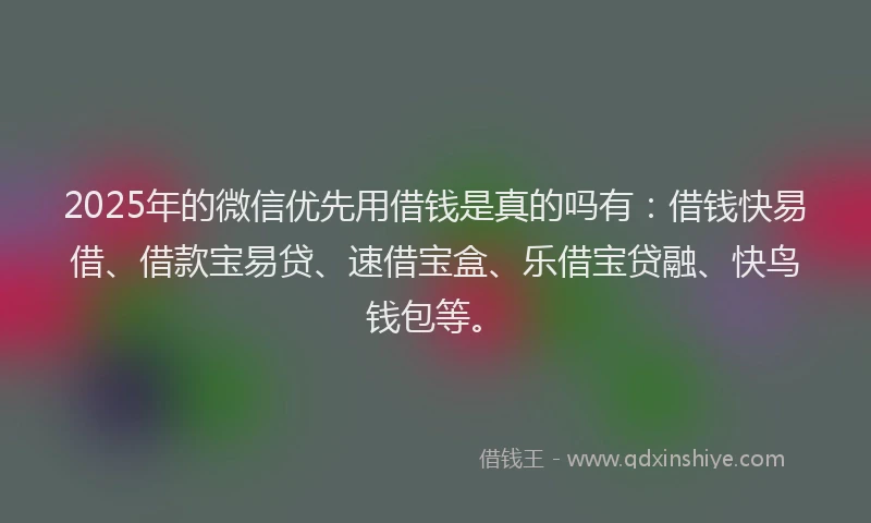 2025年的微信优先用借钱是真的吗有：借钱快易借、借款宝易贷、速借宝盒、乐借宝贷融、快鸟钱包等。