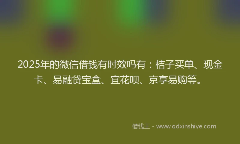 2025年的微信借钱有时效吗有：桔子买单、现金卡、易融贷宝盒、宜花呗、京享易购等。