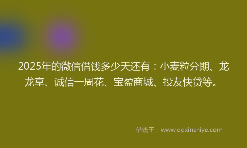 2025年的微信借钱多少天还有：小麦粒分期、龙龙享、诚信一周花、宝盈商城、投友快贷等。