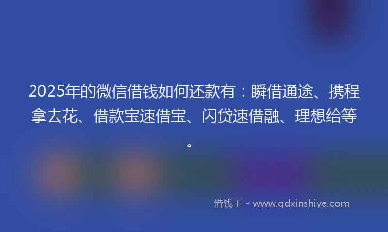 2025年的微信借钱如何还款有：瞬借通途、携程拿去花、借款宝速借宝、闪贷速借融、理想给等。