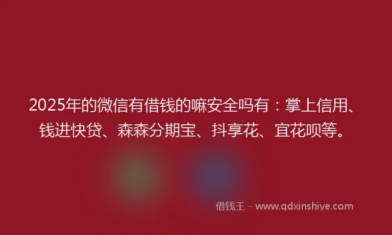 2025年的微信有借钱的嘛安全吗有：掌上信用、钱进快贷、森森分期宝、抖享花、宜花呗等。