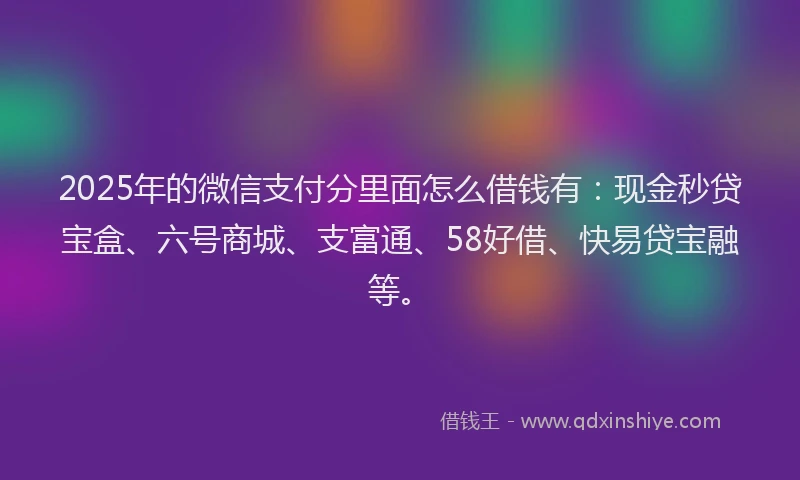 2025年的微信支付分里面怎么借钱有：现金秒贷宝盒、六号商城、支富通、58好借、快易贷宝融等。