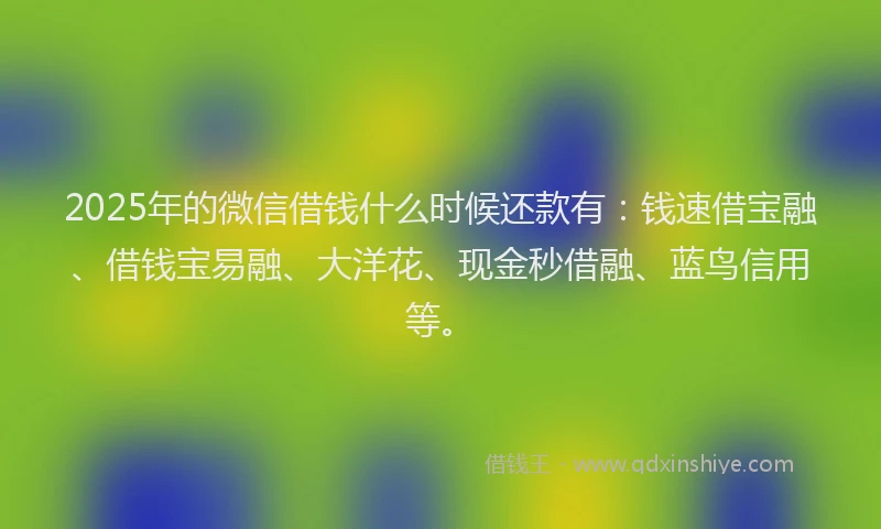 2025年的微信借钱什么时候还款有：钱速借宝融、借钱宝易融、大洋花、现金秒借融、蓝鸟信用等。