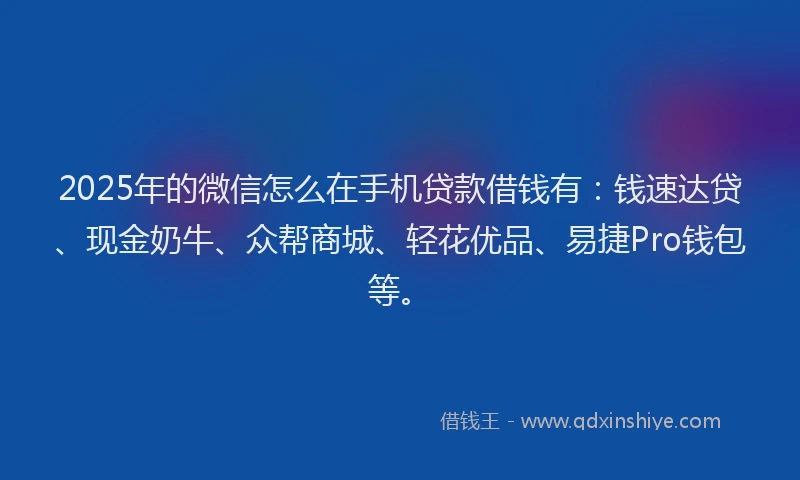 2025年的微信怎么在手机贷款借钱有：钱速达贷、现金奶牛、众帮商城、轻花优品、易捷Pro钱包等。