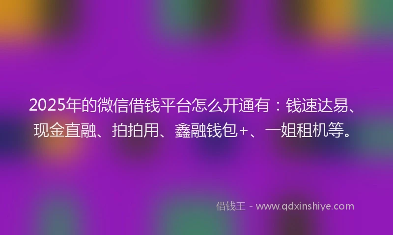 2025年的微信借钱平台怎么开通有：钱速达易、现金直融、拍拍用、鑫融钱包+、一姐租机等。