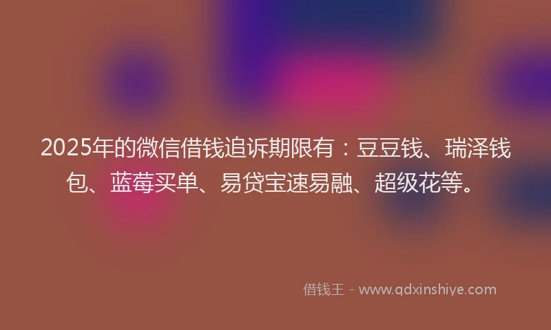 2025年的微信借钱追诉期限有：豆豆钱、瑞泽钱包、蓝莓买单、易贷宝速易融、超级花等。