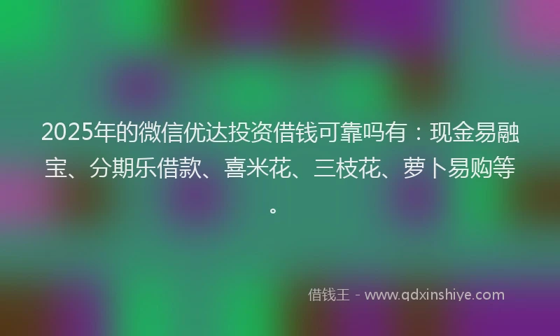 2025年的微信优达投资借钱可靠吗有：现金易融宝、分期乐借款、喜米花、三枝花、萝卜易购等。