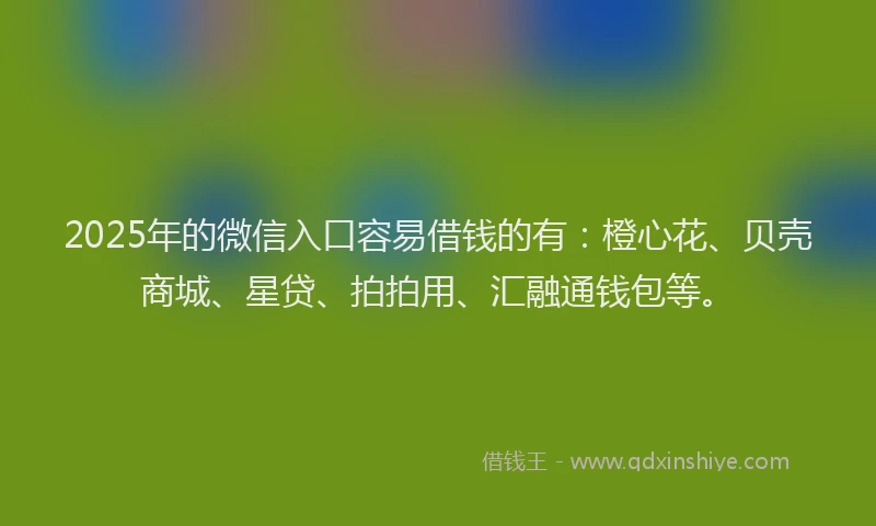 2025年的微信入口容易借钱的有：橙心花、贝壳商城、星贷、拍拍用、汇融通钱包等。