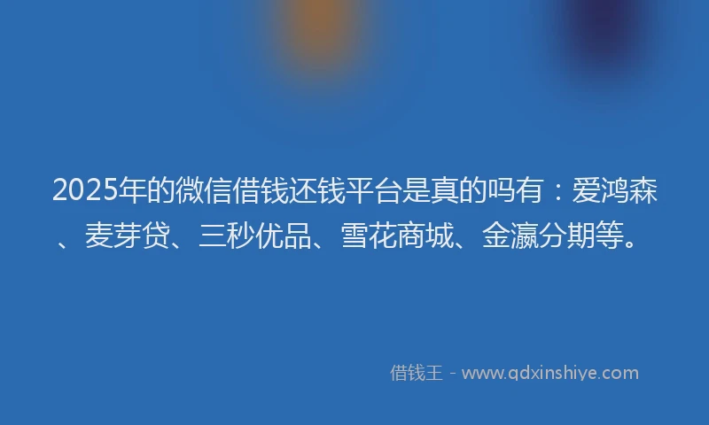 2025年的微信借钱还钱平台是真的吗有：爱鸿森、麦芽贷、三秒优品、雪花商城、金瀛分期等。