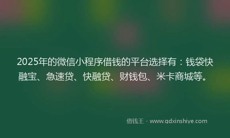 2025年的微信小程序借钱的平台选择有:钱袋快融宝、急速贷、快融贷、财钱包、米卡商城等。