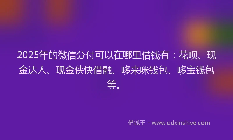 2025年的微信分付可以在哪里借钱有：花呗、现金达人、现金侠快借融、哆来咪钱包、哆宝钱包等。