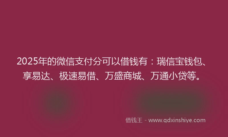 2025年的微信支付分可以借钱有：瑞信宝钱包、享易达、极速易借、万盛商城、万通小贷等。