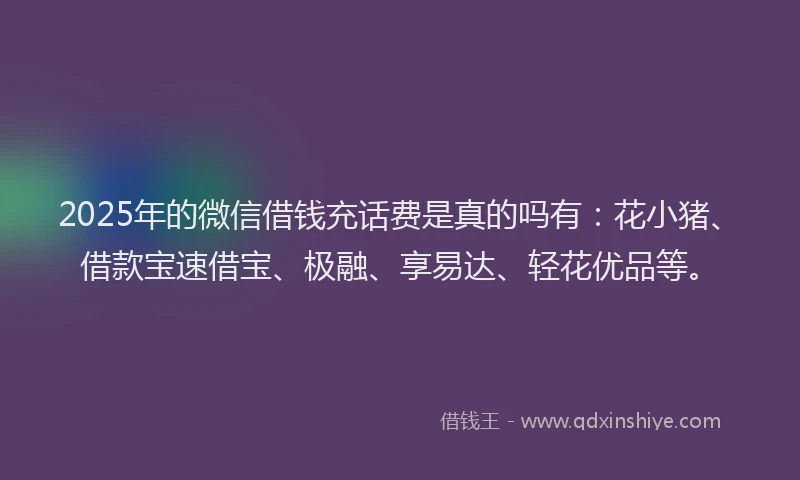 2025年的微信借钱充话费是真的吗有：花小猪、借款宝速借宝、极融、享易达、轻花优品等。
