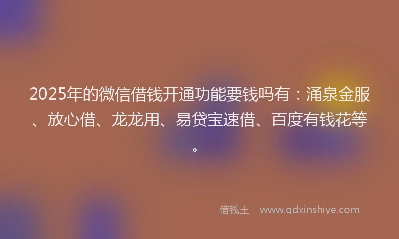 2025年的微信借钱开通功能要钱吗有：涌泉金服、放心借、龙龙用、易贷宝速借、百度有钱花等。