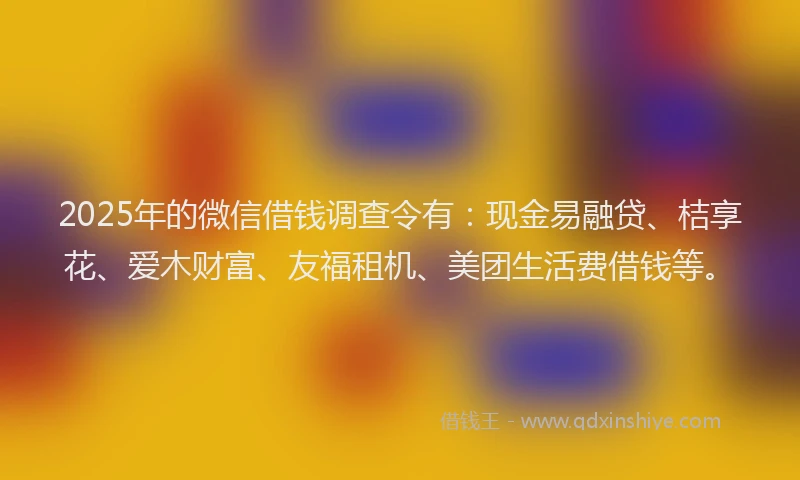 2025年的微信借钱调查令有：现金易融贷、桔享花、爱木财富、友福租机、美团生活费借钱等。
