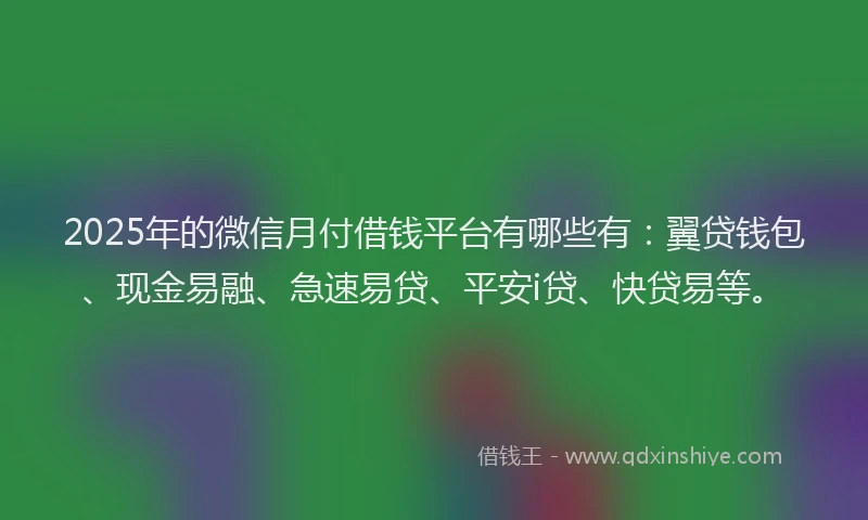 2025年的微信月付借钱平台有哪些有：翼贷钱包、现金易融、急速易贷、平安i贷、快贷易等。