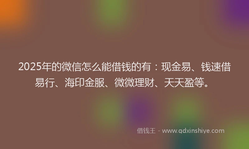 2025年的微信怎么能借钱的有:现金易、钱速借易行、海印金服、微微理财、天天盈等。