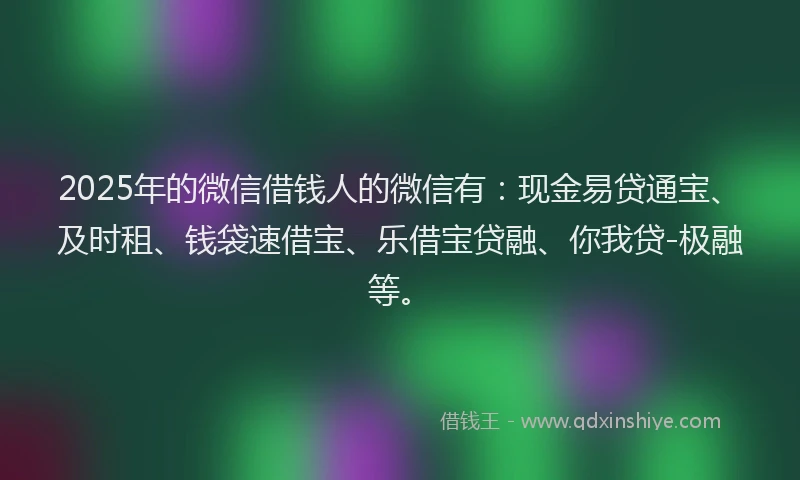2025年的微信借钱人的微信有：现金易贷通宝、及时租、钱袋速借宝、乐借宝贷融、你我贷-极融等。