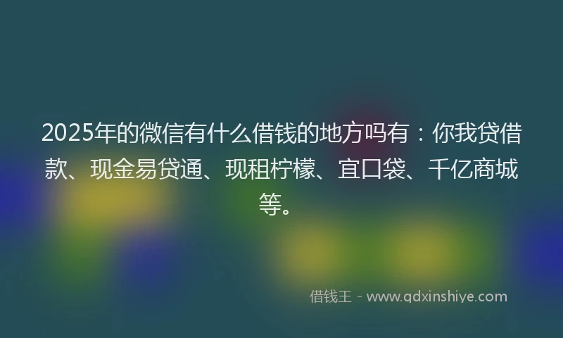 2025年的微信有什么借钱的地方吗有：你我贷借款、现金易贷通、现租柠檬、宜口袋、千亿商城等。